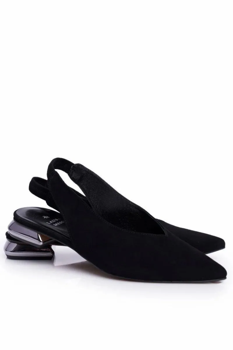 Clearance Laura Messi Zamszowe Baleriny Na Srebrnym Obcasie 2127 Czarne