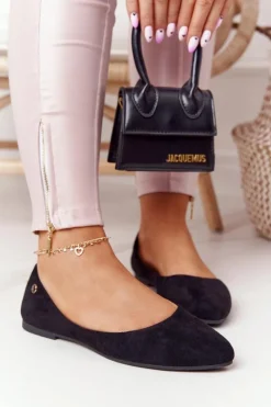 Best Zamszowe Baleriny Sergio Leone BL622 Czarne Damskie Baleriny Klasyczne