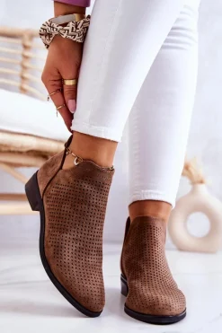 Online Zamszowe Botki Ażurowe Brązowe Shirley Damskie Botki Wiosenne|Brązowe I Beżowe Botki
