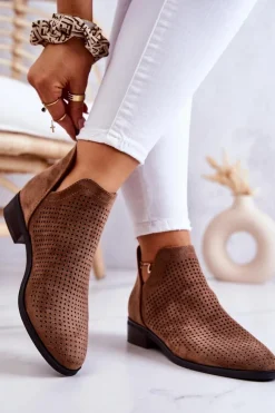 Online Zamszowe Botki Ażurowe Brązowe Shirley Damskie Botki Wiosenne|Brązowe I Beżowe Botki
