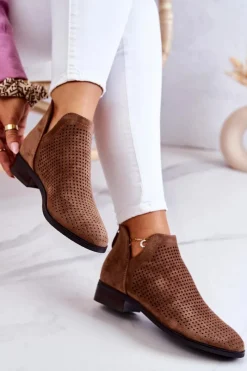 Online Zamszowe Botki Ażurowe Brązowe Shirley Damskie Botki Wiosenne|Brązowe I Beżowe Botki
