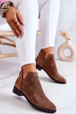 Online Zamszowe Botki Ażurowe Brązowe Shirley Damskie Botki Wiosenne|Brązowe I Beżowe Botki