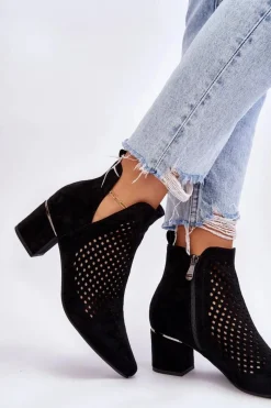 Discount Buty damskie Vinceza Zamszowe Botki Ażurowe Z Wycięciem Na Obcasie Czarne Blakely