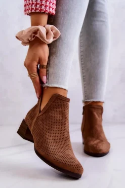 New Zamszowe Botki Ażurowe Z Wycięciem Brązowe Carine Damskie Botki Wiosenne|Brązowe I Beżowe Botki