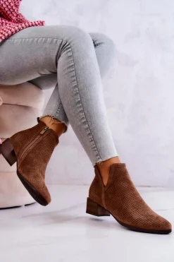 New Zamszowe Botki Ażurowe Z Wycięciem Brązowe Carine Damskie Botki Wiosenne|Brązowe I Beżowe Botki