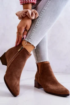 New Zamszowe Botki Ażurowe Z Wycięciem Brązowe Carine Damskie Botki Wiosenne|Brązowe I Beżowe Botki