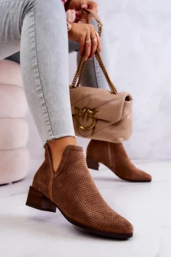 New Zamszowe Botki Ażurowe Z Wycięciem Brązowe Carine Damskie Botki Wiosenne|Brązowe I Beżowe Botki