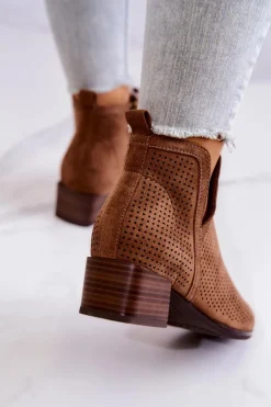 New Zamszowe Botki Ażurowe Z Wycięciem Brązowe Carine Damskie Botki Wiosenne|Brązowe I Beżowe Botki