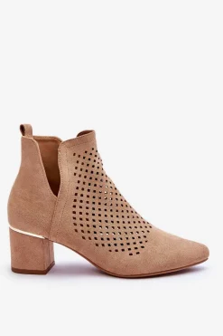 New Zamszowe Botki Ażurowe Z Wycięciem Na Obcasie Beżowe Blakely Damskie Botki Wiosenne|Botki Na Słupku