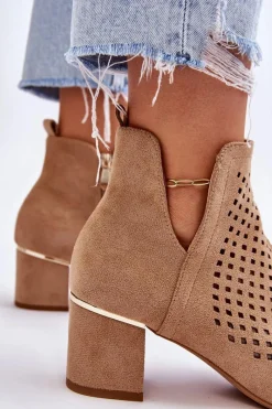 New Zamszowe Botki Ażurowe Z Wycięciem Na Obcasie Beżowe Blakely Damskie Botki Wiosenne|Botki Na Słupku