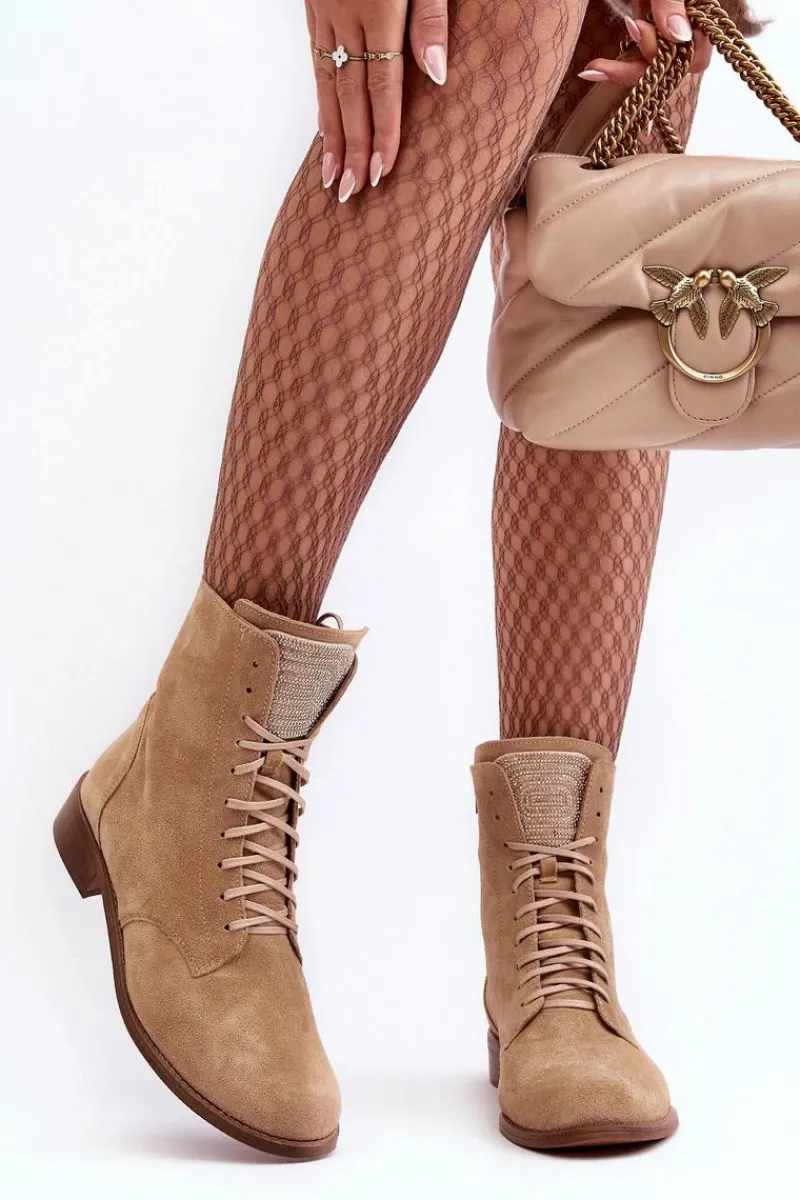 Botki Skórzane|Botki Sznurowane>Boto Zamszowe Botki Damskie Beżowe Nicole 2848