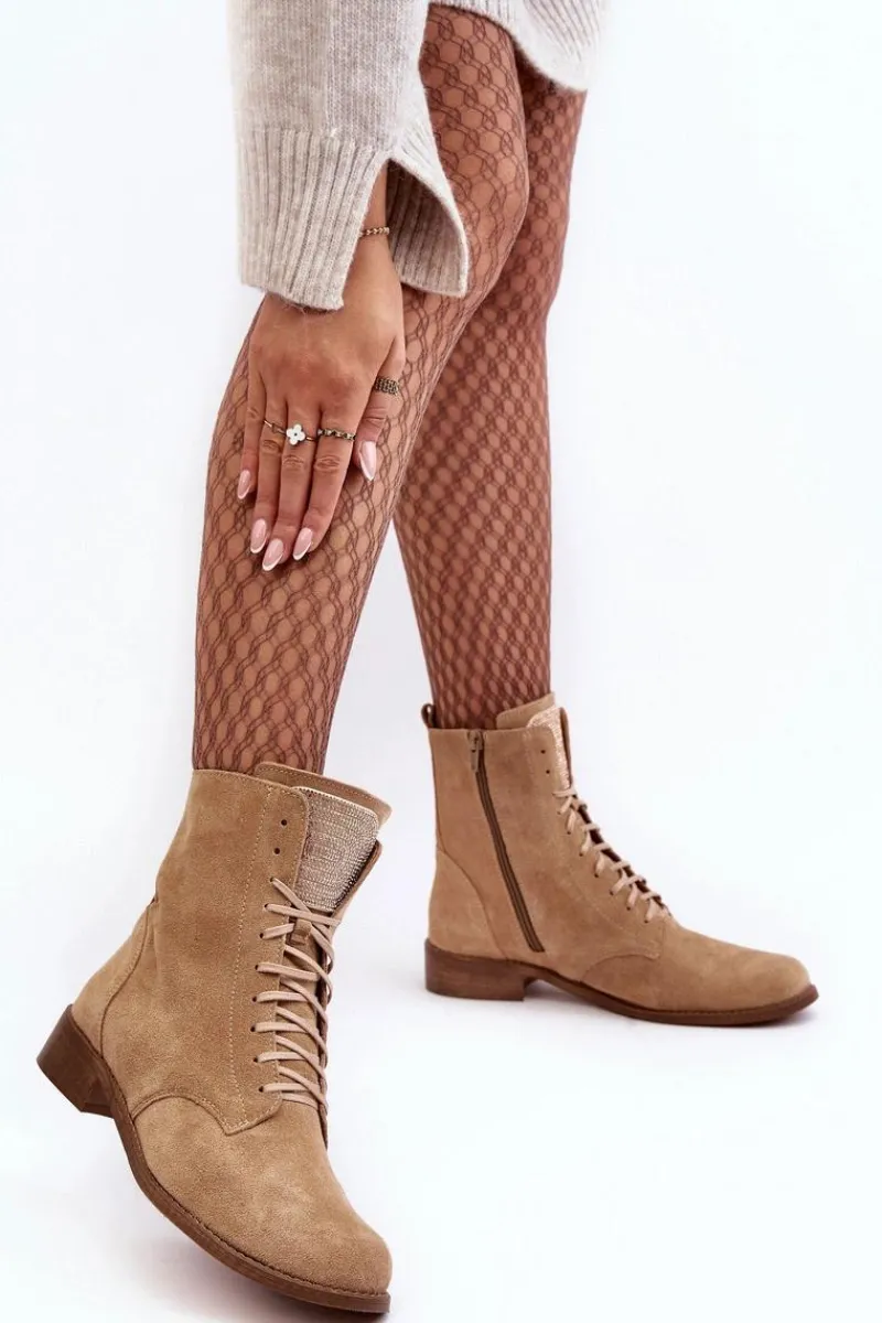 Botki Skórzane|Botki Sznurowane>Boto Zamszowe Botki Damskie Beżowe Nicole 2848