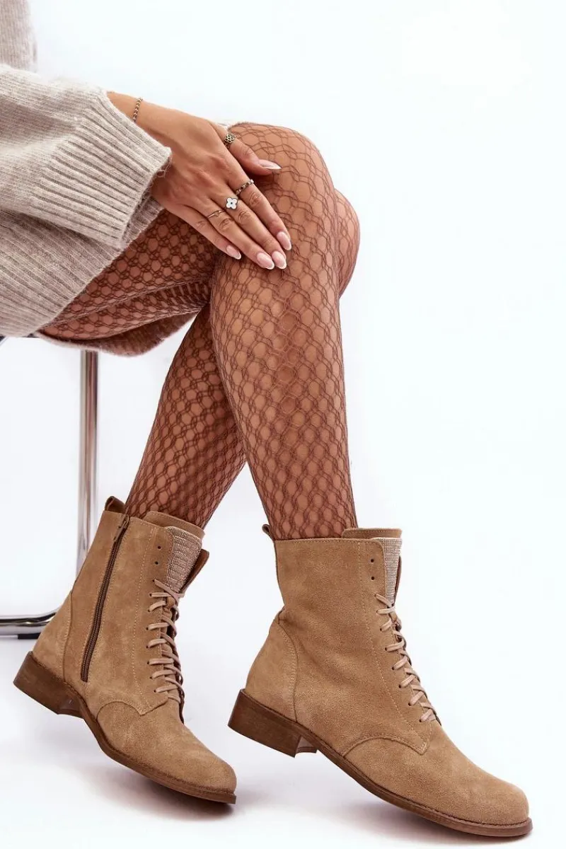 Botki Skórzane|Botki Sznurowane>Boto Zamszowe Botki Damskie Beżowe Nicole 2848