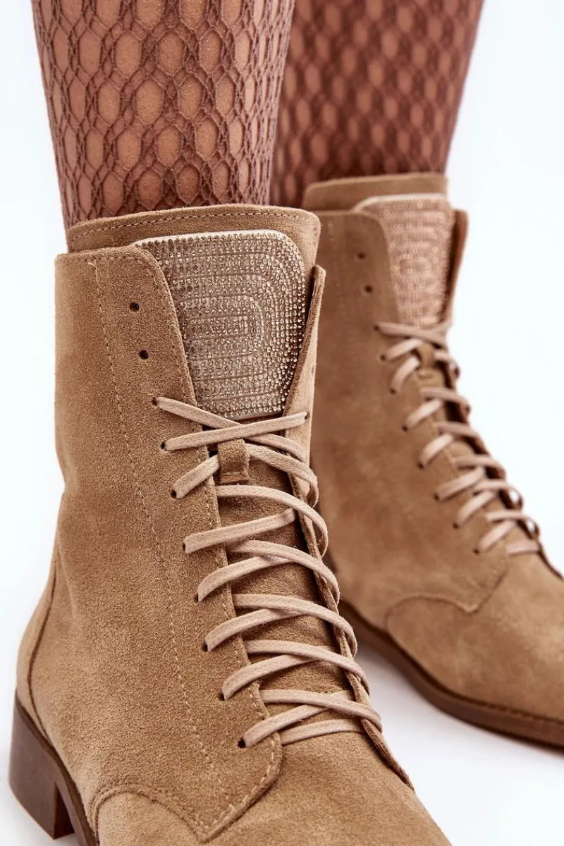 Botki Skórzane|Botki Sznurowane>Boto Zamszowe Botki Damskie Beżowe Nicole 2848