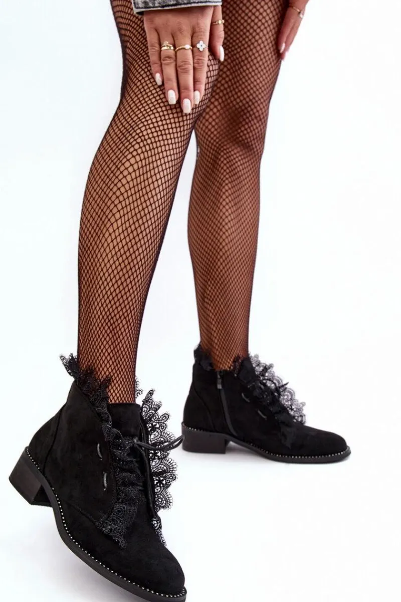 Outlet Boto Zamszowe Botki Damskie Na Płaskim Obcasie Czarne Klemovia