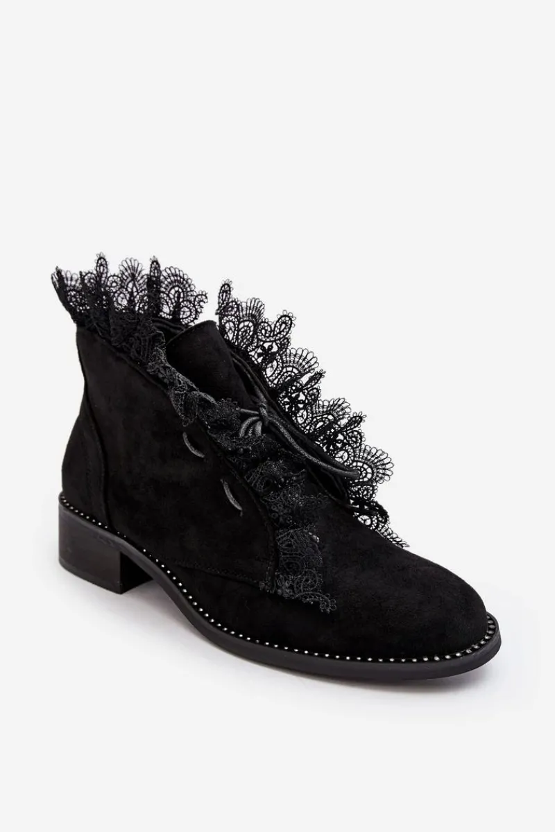 Outlet Boto Zamszowe Botki Damskie Na Płaskim Obcasie Czarne Klemovia