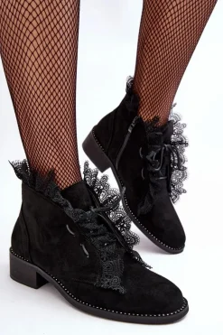 Outlet Boto Zamszowe Botki Damskie Na Płaskim Obcasie Czarne Klemovia