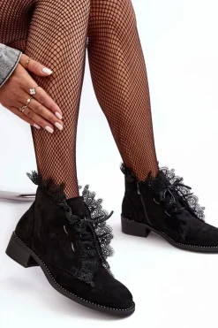 Outlet Boto Zamszowe Botki Damskie Na Płaskim Obcasie Czarne Klemovia