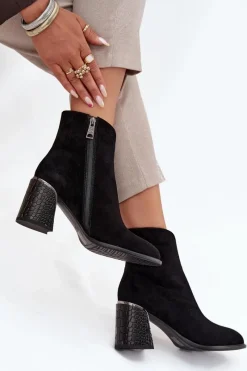 Online Buty damskie Vinceza Zamszowe Botki Damskie Na Słupku Z Tłoczeniem Ocieplane Vinceza 66801 Czarne