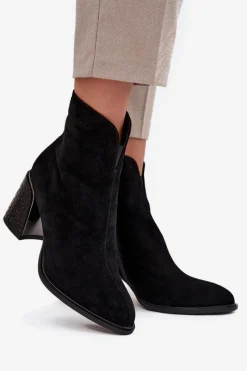 Online Buty damskie Vinceza Zamszowe Botki Damskie Na Słupku Z Tłoczeniem Ocieplane Vinceza 66801 Czarne
