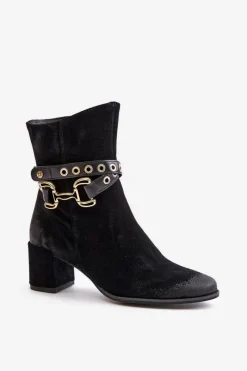 Hot Maciejka Zamszowe Botki Damskie Na Słupku Z Ozdobnym Paskiem 06679-01 Czarne