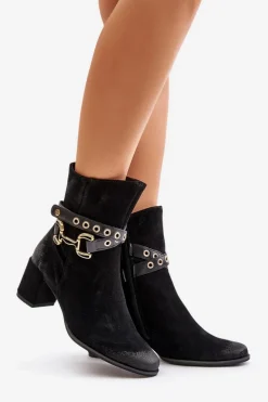 Hot Maciejka Zamszowe Botki Damskie Na Słupku Z Ozdobnym Paskiem 06679-01 Czarne