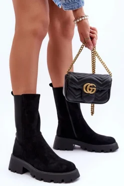 Outlet Boto Zamszowe Botki Damskie Na Płaskim Obcasie Czarne Altandros