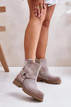 Botki Płaskie|Botki Zamszowe>Boto Zamszowe Botki Damskie Na Płaskim Obcasie Lewski 3610 Cappucino Beżowy