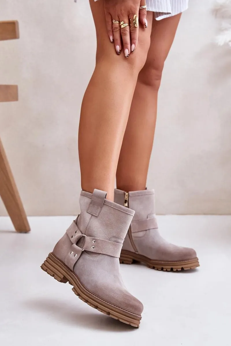 Botki Płaskie|Botki Zamszowe>Boto Zamszowe Botki Damskie Na Płaskim Obcasie Lewski 3610 Cappucino Beżowy