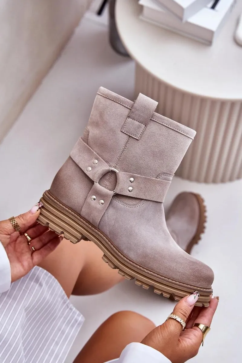 Botki Płaskie|Botki Zamszowe>Boto Zamszowe Botki Damskie Na Płaskim Obcasie Lewski 3610 Cappucino Beżowy