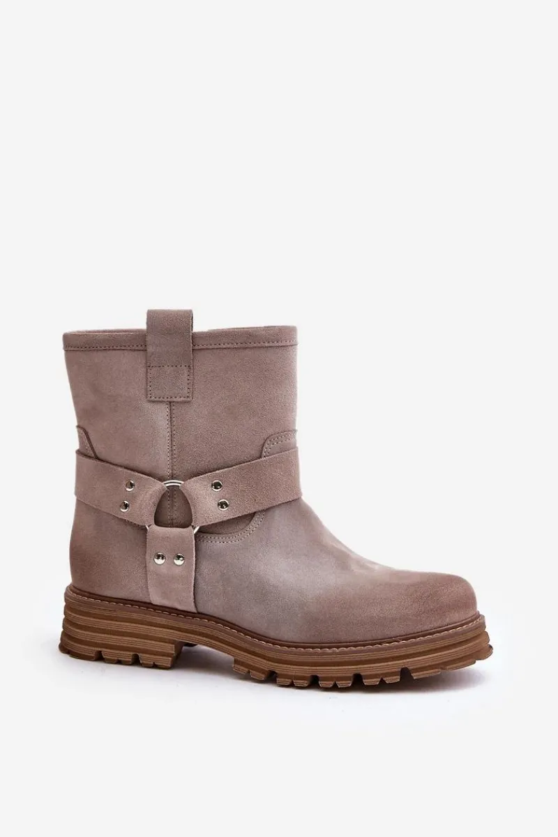 Botki Płaskie|Botki Zamszowe>Boto Zamszowe Botki Damskie Na Płaskim Obcasie Lewski 3610 Cappucino Beżowy