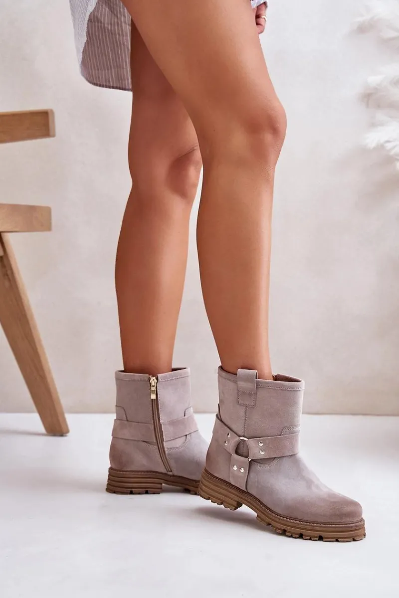 Botki Płaskie|Botki Zamszowe>Boto Zamszowe Botki Damskie Na Płaskim Obcasie Lewski 3610 Cappucino Beżowy