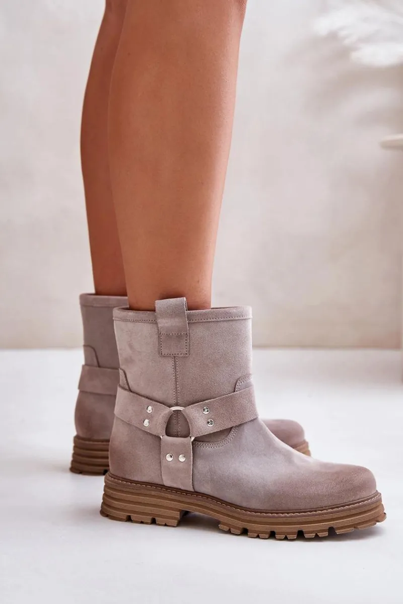 Botki Płaskie|Botki Zamszowe>Boto Zamszowe Botki Damskie Na Płaskim Obcasie Lewski 3610 Cappucino Beżowy