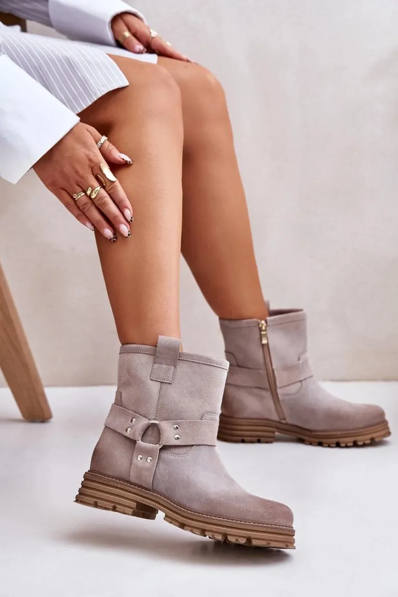 Botki Płaskie|Botki Zamszowe>Boto Zamszowe Botki Damskie Na Płaskim Obcasie Lewski 3610 Cappucino Beżowy