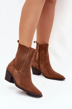 Outlet Boto Zamszowe Botki Damskie Na Słupku Ocieplane Camel Arelia