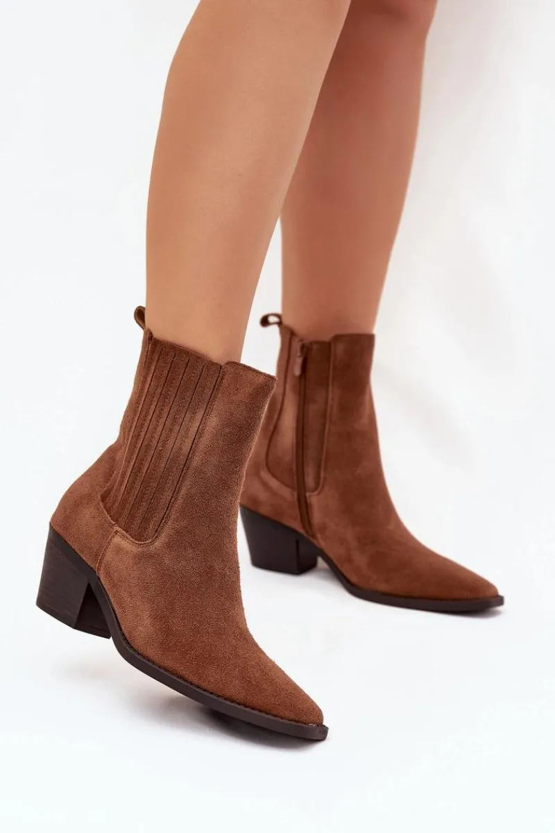 Outlet Boto Zamszowe Botki Damskie Na Słupku Ocieplane Camel Arelia