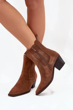 Outlet Boto Zamszowe Botki Damskie Na Słupku Ocieplane Camel Arelia