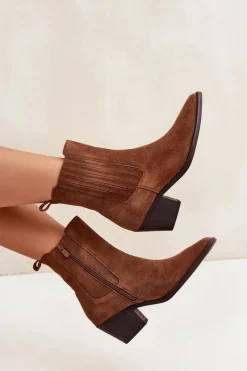 Outlet Boto Zamszowe Botki Damskie Na Słupku Ocieplane Camel Arelia