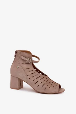 Zamszowe Botki Damskie Na Słupku 06893-10 Ciemnobeżowe Damskie Botki Wiosenne|Botki Maciejka