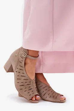 Zamszowe Botki Damskie Na Słupku 06893-10 Ciemnobeżowe Damskie Botki Wiosenne|Botki Maciejka