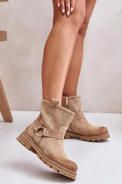Zamszowe Botki Damskie Na Płaskim Obcasie Lewski 3610 Beżowe Damskie Botki Płaskie|Botki Zamszowe