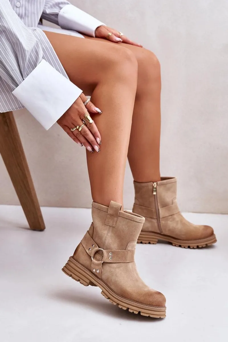 Zamszowe Botki Damskie Na Płaskim Obcasie Lewski 3610 Beżowe Damskie Botki Płaskie|Botki Zamszowe