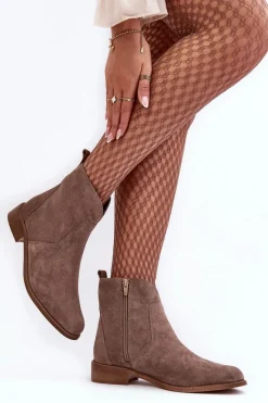 Sale Zamszowe Botki Damskie Na Suwak Ciemnobeżowe Nicole 2829 Damskie Brązowe I Beżowe Botki|Botki Płaskie