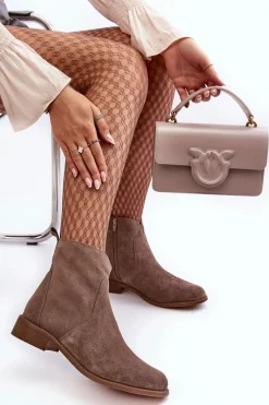 Sale Zamszowe Botki Damskie Na Suwak Ciemnobeżowe Nicole 2829 Damskie Brązowe I Beżowe Botki|Botki Płaskie