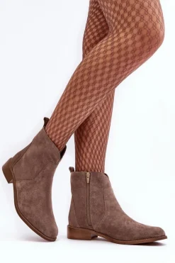 Sale Zamszowe Botki Damskie Na Suwak Ciemnobeżowe Nicole 2829 Damskie Brązowe I Beżowe Botki|Botki Płaskie