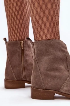 Sale Zamszowe Botki Damskie Na Suwak Ciemnobeżowe Nicole 2829 Damskie Brązowe I Beżowe Botki|Botki Płaskie