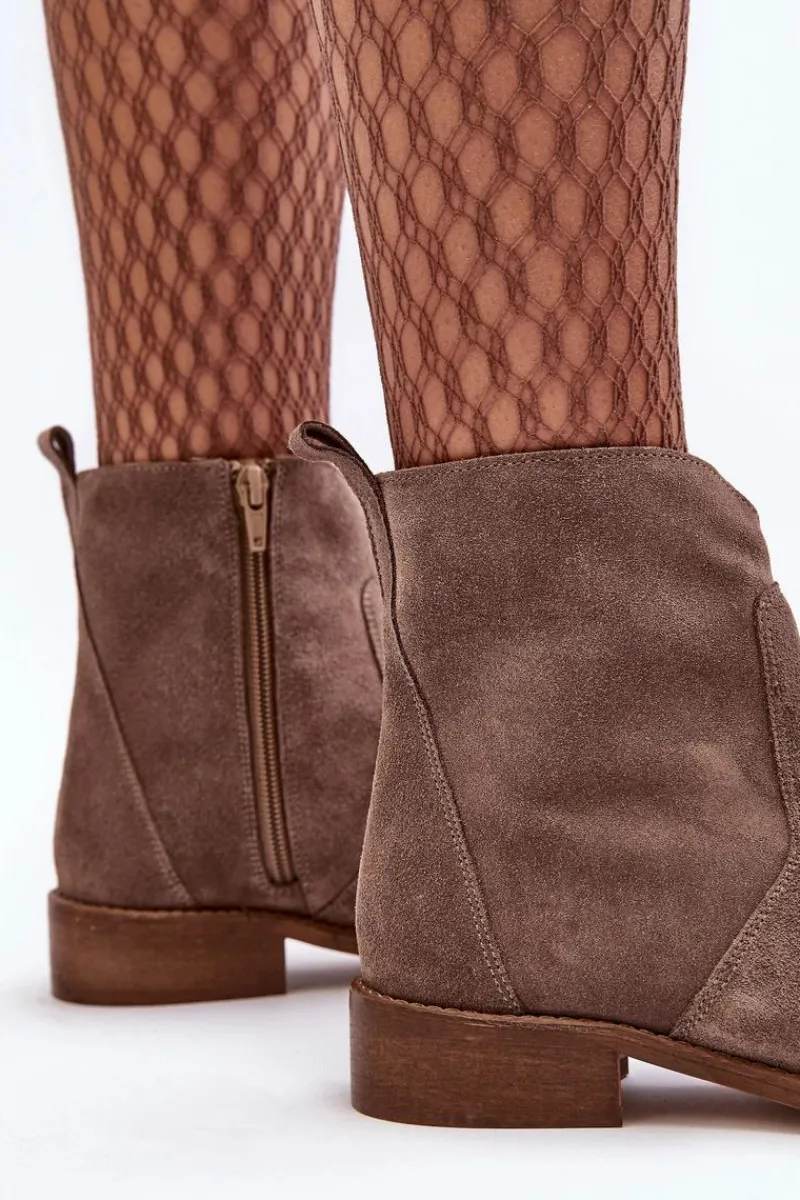 Sale Zamszowe Botki Damskie Na Suwak Ciemnobeżowe Nicole 2829 Damskie Brązowe I Beżowe Botki|Botki Płaskie