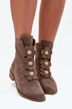 Clearance Zazoo Zamszowe Botki Damskie Z Ozdobnymi Kwiatkami 3085 Ciemnobeżowe Beżowy