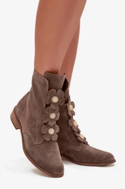 Clearance Zazoo Zamszowe Botki Damskie Z Ozdobnymi Kwiatkami 3085 Ciemnobeżowe Beżowy