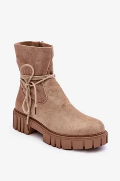 Discount Boto Zamszowe Botki Damskie Z Wiązaniem Beżowe Lineanor